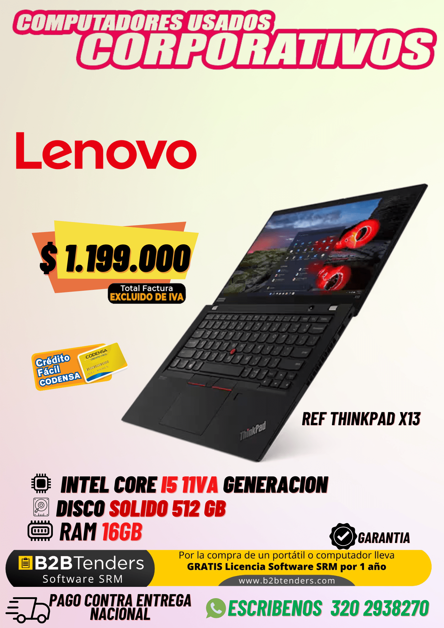 Lenovo ThinkPad X13 – Core i5 11ª Gen, 16GB RAM, 512GB SSD | Portátil Corporativo Usado $1.199.000